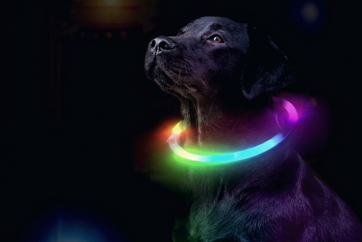 Perro de noche perfectamente visible con el collar LED encendido
