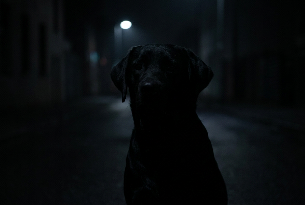 Perro oscuro casi invisible caminando de noche sin luz