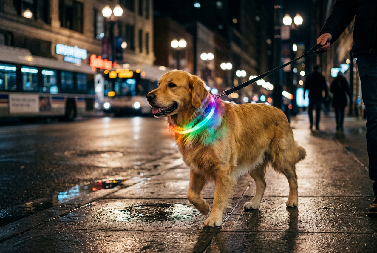 Perro de noche con el collar LED encendido