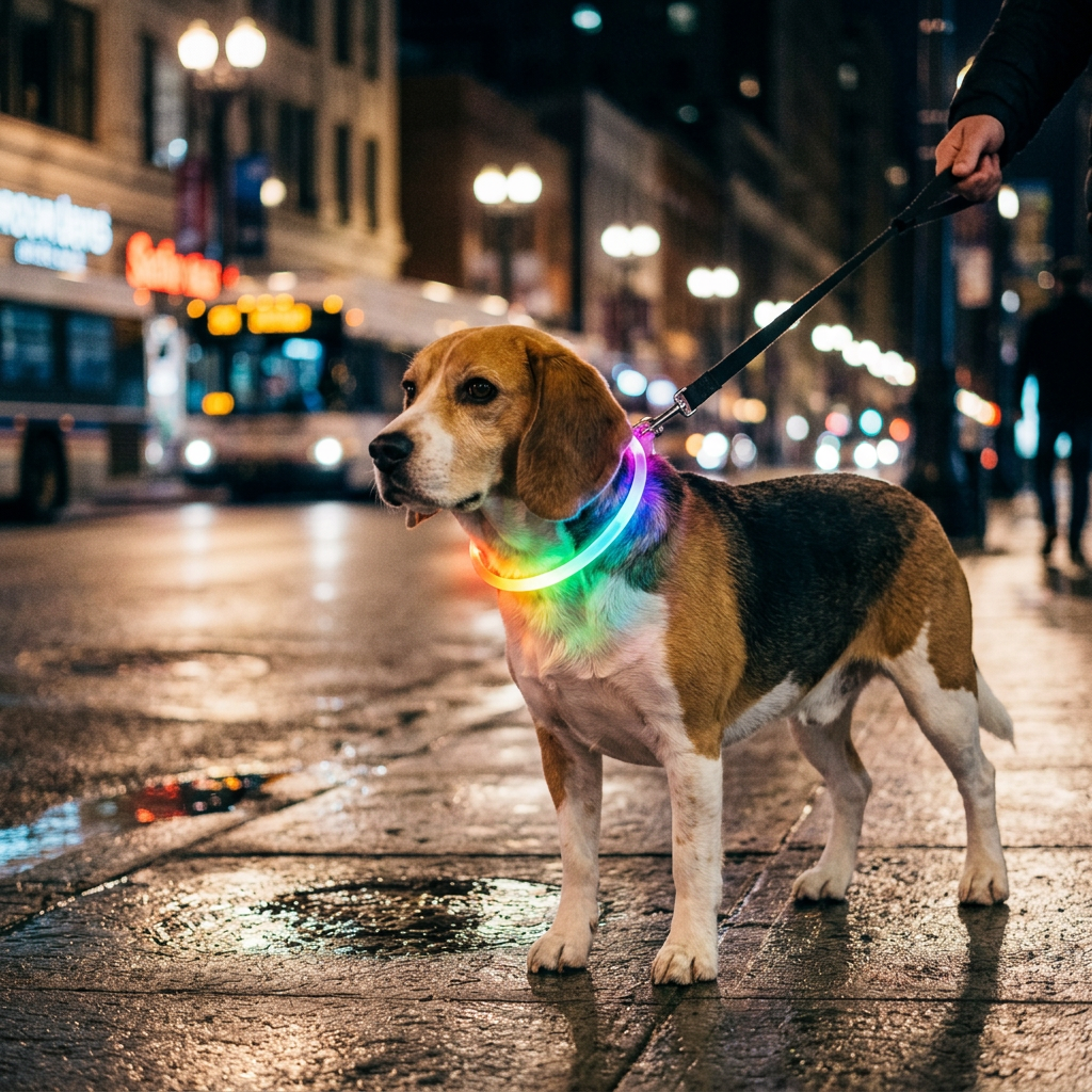 Perro mediano usando el collar LED de noche